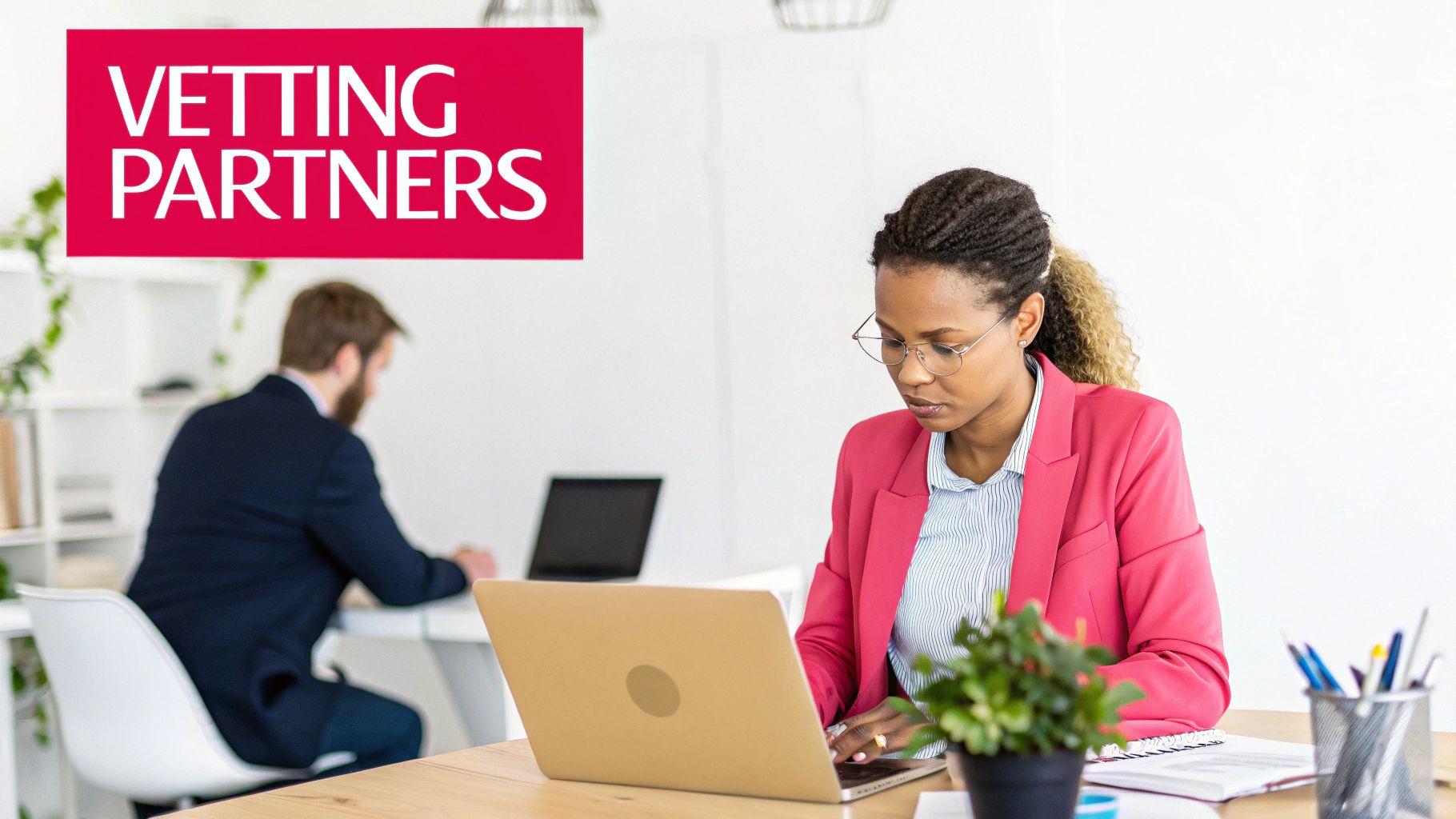A marketer carefully analyzing a YouTube channel's analytics on a laptop screen, with charts showing audience demographics and engagement rates.