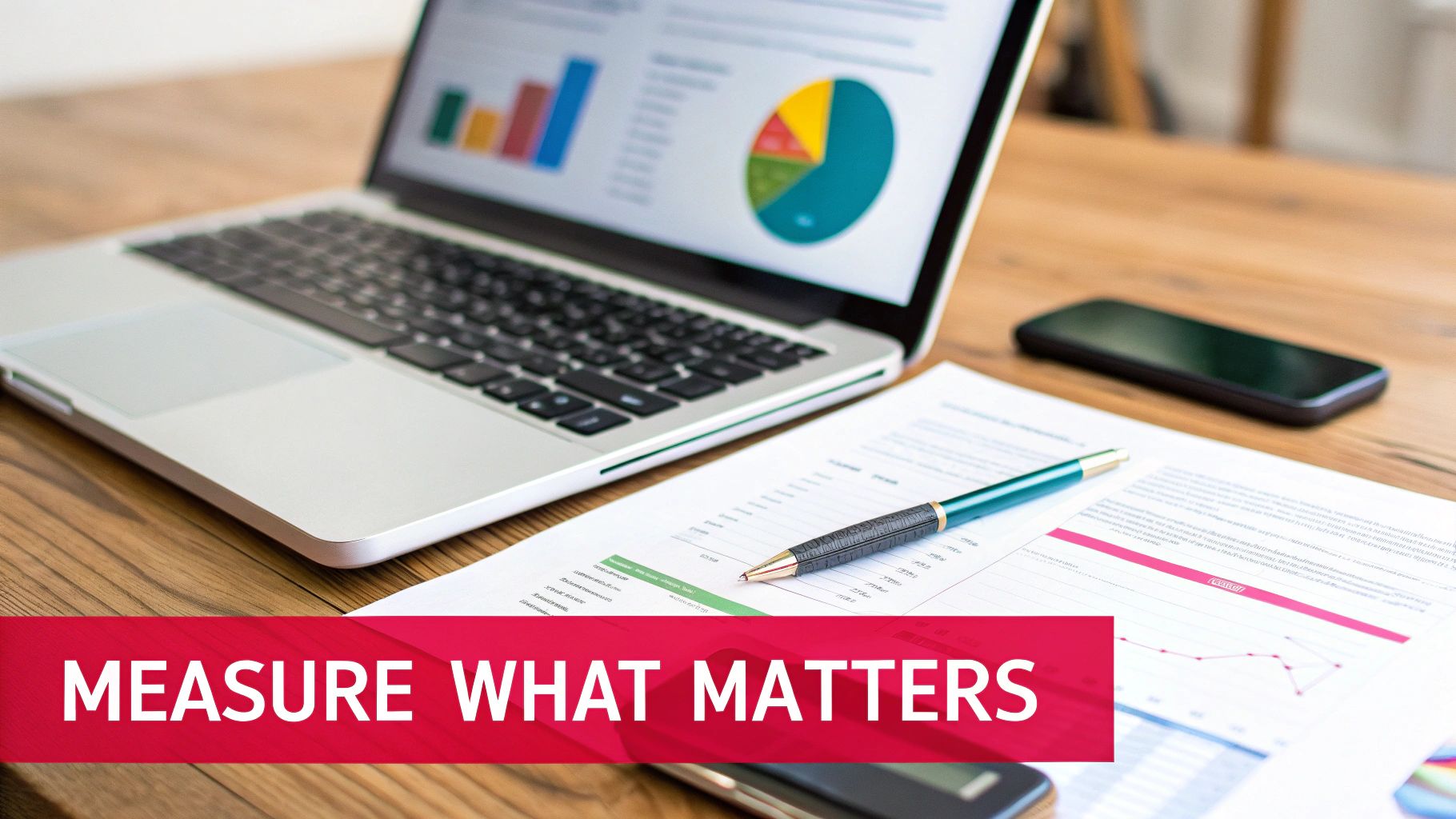 Laptop with business charts, documents, pen, and phone on a desk, with 'Measure What Matters' text.