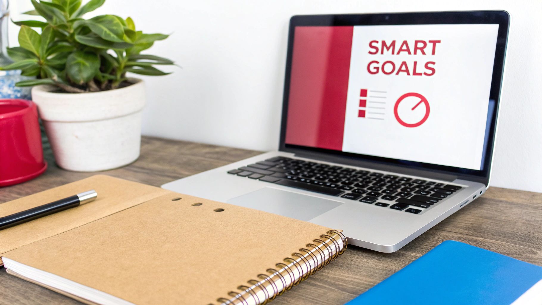 A woman looking at a laptop screen with charts and graphs, focused on setting business goals.