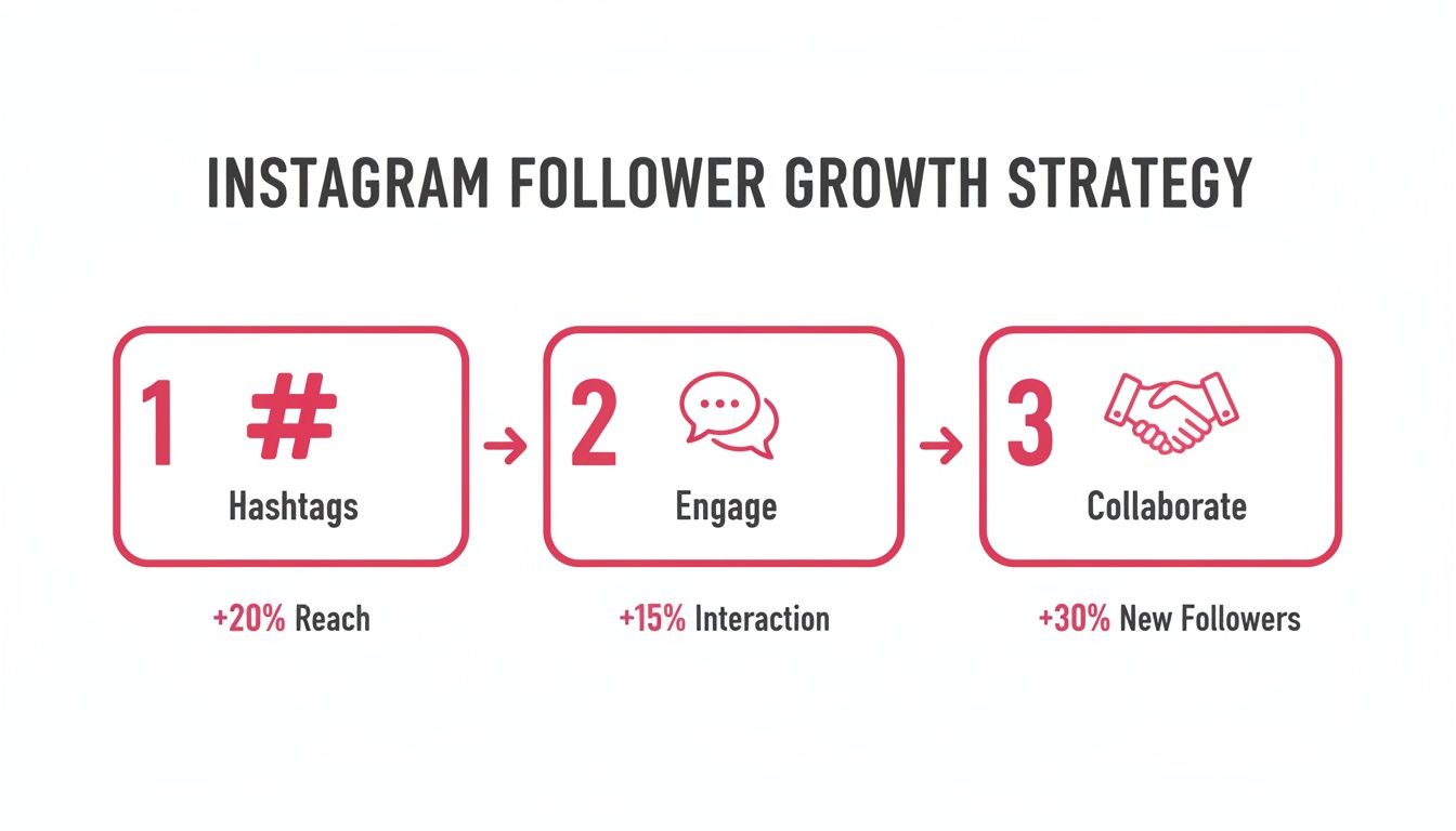 Infographic showing a three-step Instagram follower growth strategy: hashtags, engage, and collaborate.