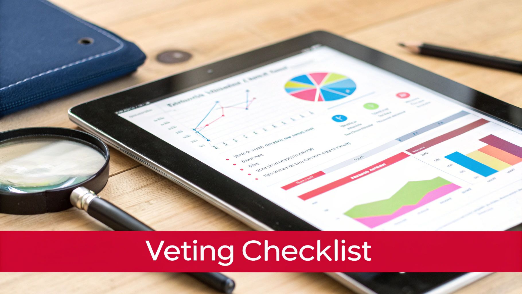 A tablet displays data analysis with various charts, a magnifying glass, and a "Vetting Checklist" banner.