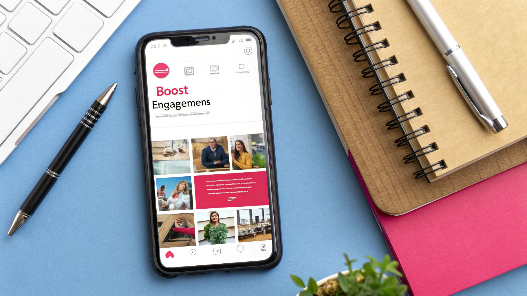 A person's hands holding a smartphone displaying social media analytics and charts.