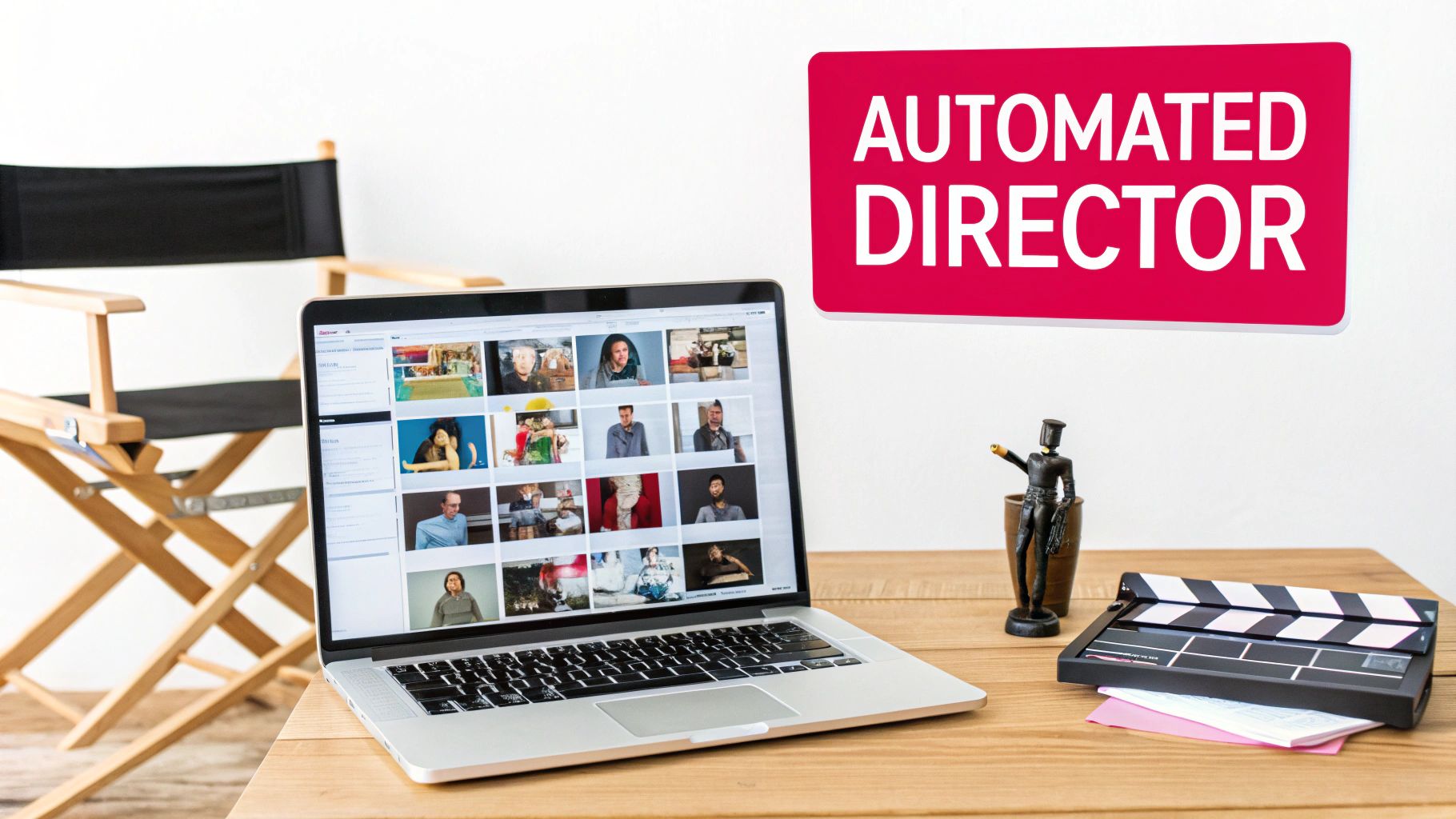 A laptop displaying a grid of diverse people with a director's chair and a clapperboard, next to an 'AUTOMATED DIRECTOR' sign.
