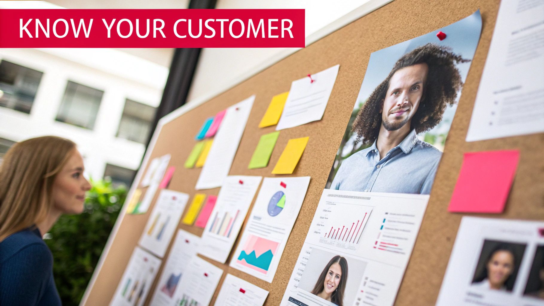 A woman looks at a cork board display of customer profiles, data charts, and sticky notes for business strategy.