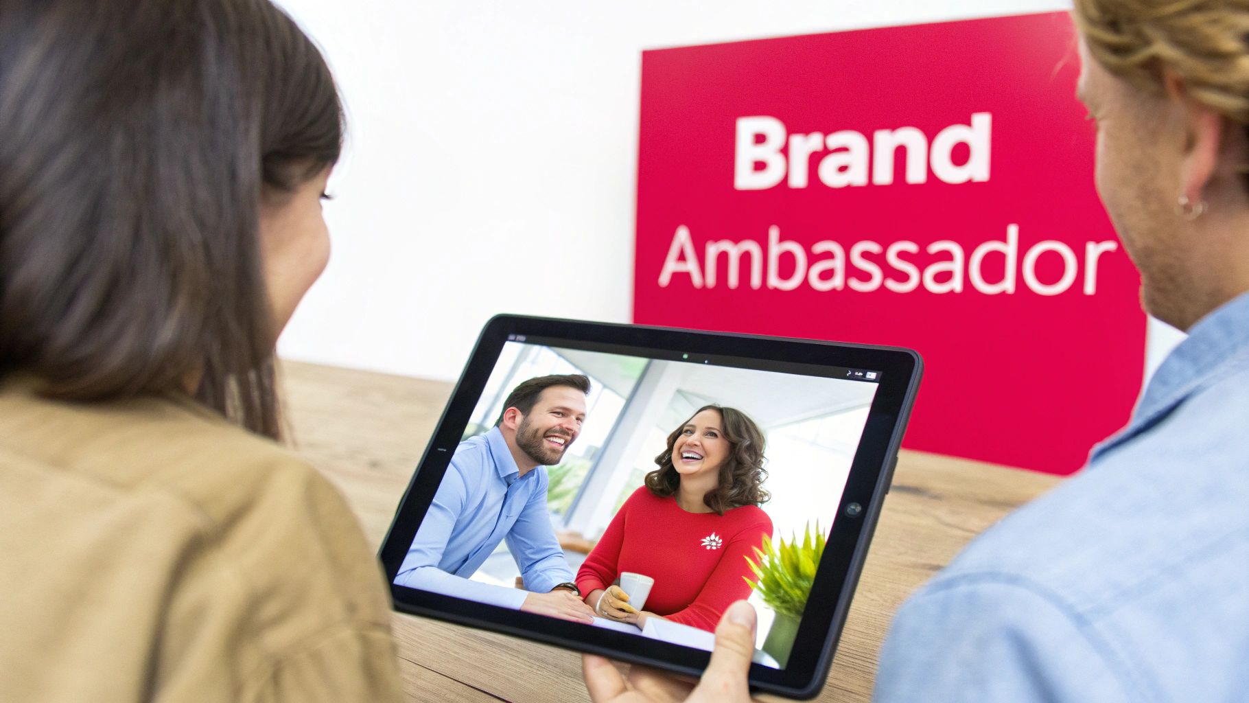 Two people watch a tablet showing a video call with a smiling man and woman. A 'Brand Ambassador' sign is in the background.