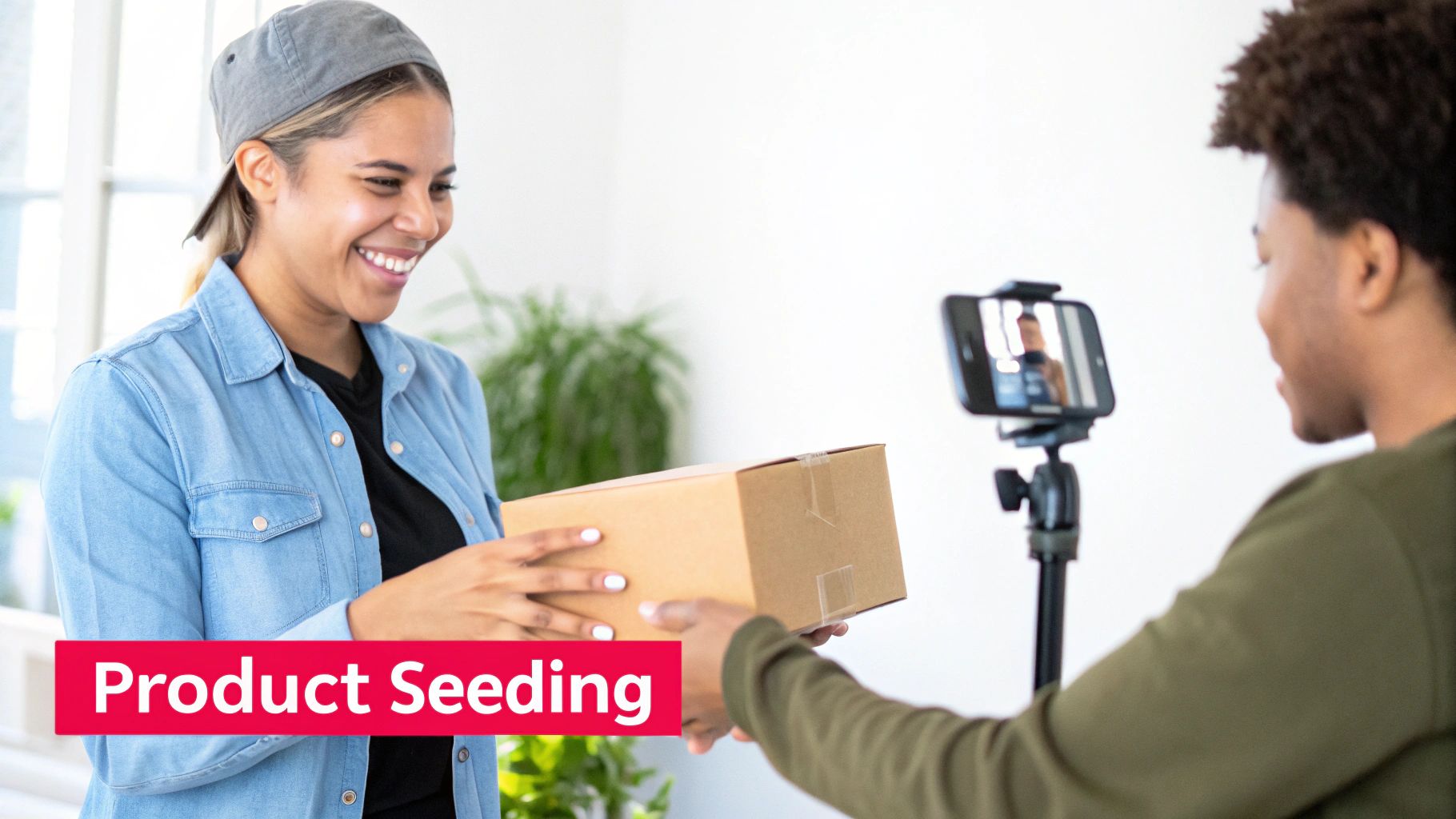 A smiling woman hands a product package to a man filming with a smartphone on a tripod.