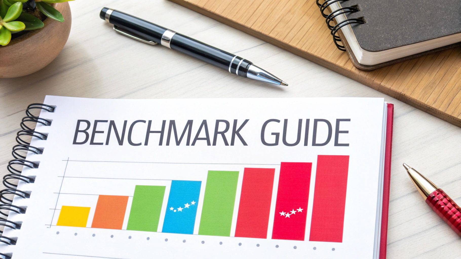 A 'Benchmark Guide' notebook with a colorful bar chart showing performance benchmarks and stars.