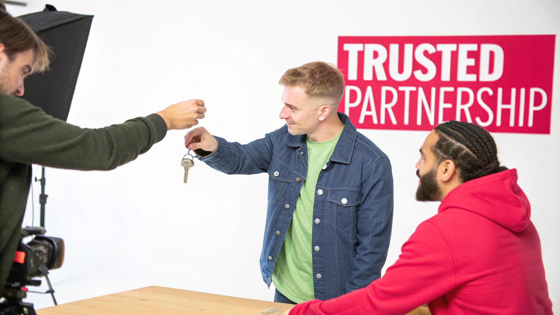 Three men in a studio, one handing keys to another, with a 'TRUSTED PARTNERSHIP' sign.