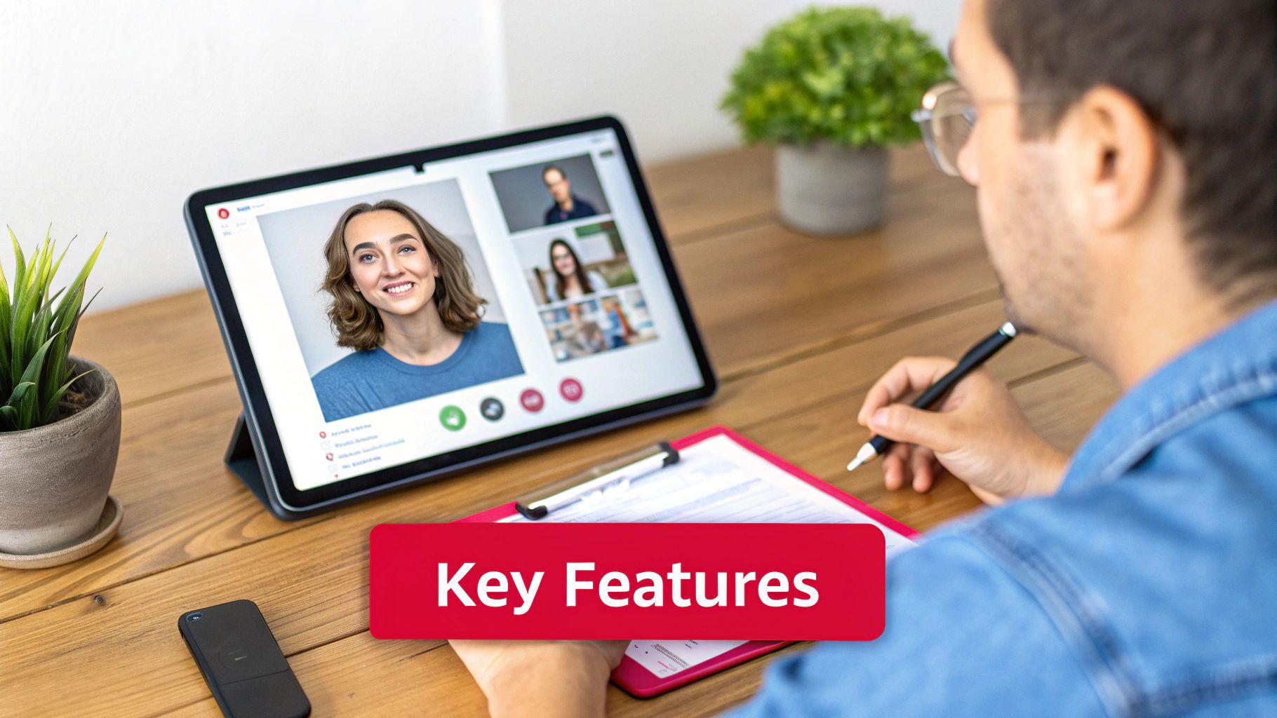 Man actively participating in an online video call on a tablet while taking notes on a clipboard.