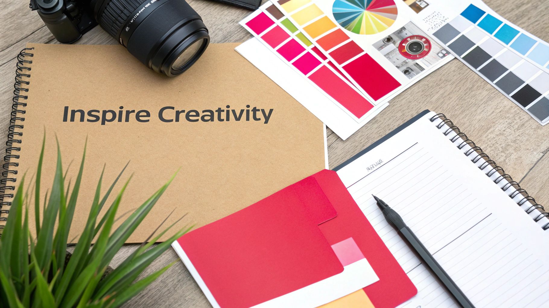 Flat lay of a creative workspace with an 'Inspire Creativity' notebook, camera, color swatches, and a journal.
