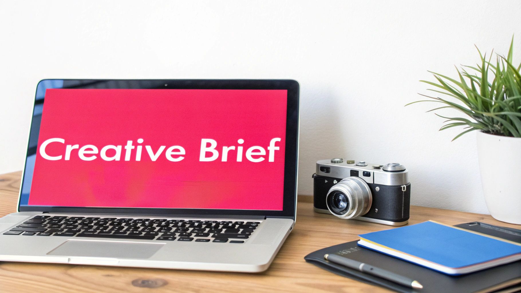 A laptop displaying 'Creative Brief' on a red screen, with a vintage camera, plant, notebook, and pen on a wooden desk.