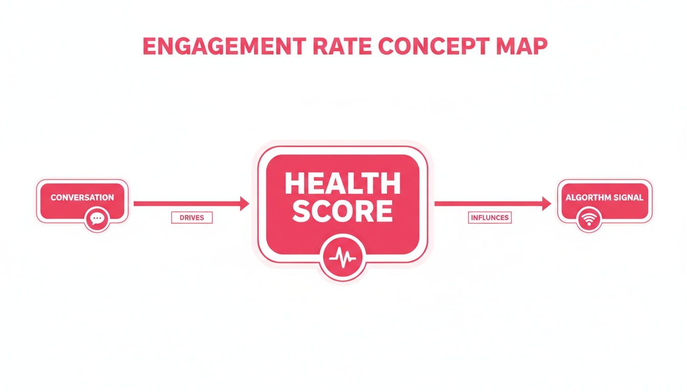Engagement rate concept map showing conversation driving health score, which influences algorithm signal.