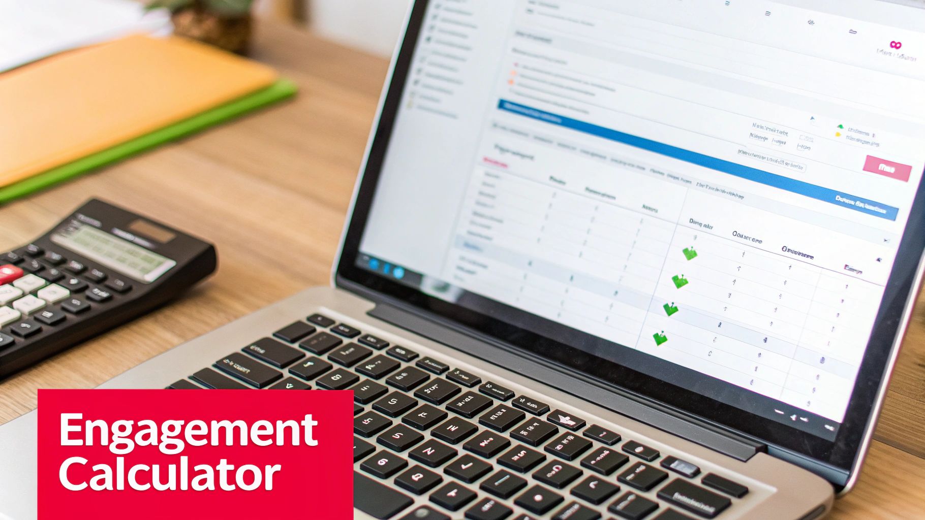 Laptop displaying engagement data, a calculator, and a red 'Engagement Calculator' banner.