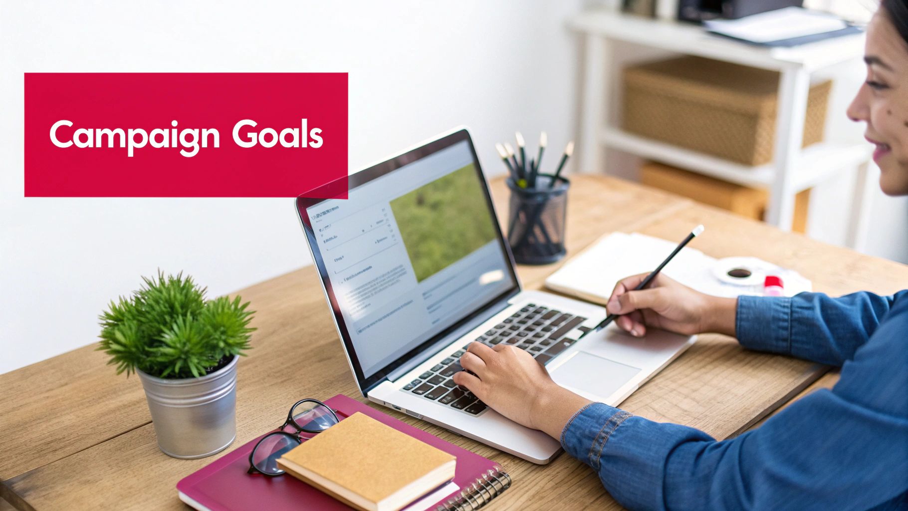 A person planning an influencer marketing campaign on a laptop with sticky notes on the wall.