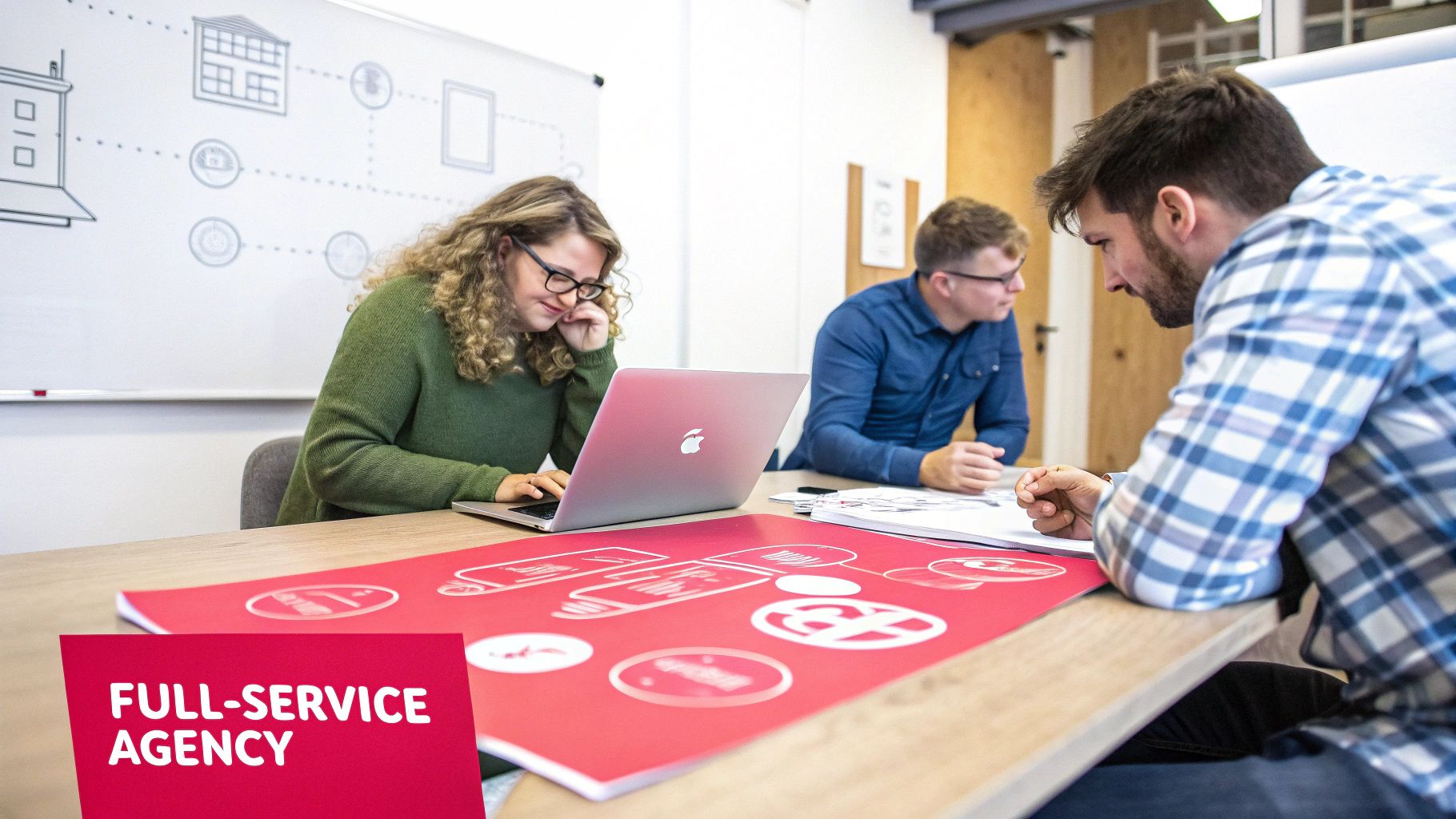 Three agency professionals collaborating at a table with a laptop and documents, showcasing a full-service agency.
