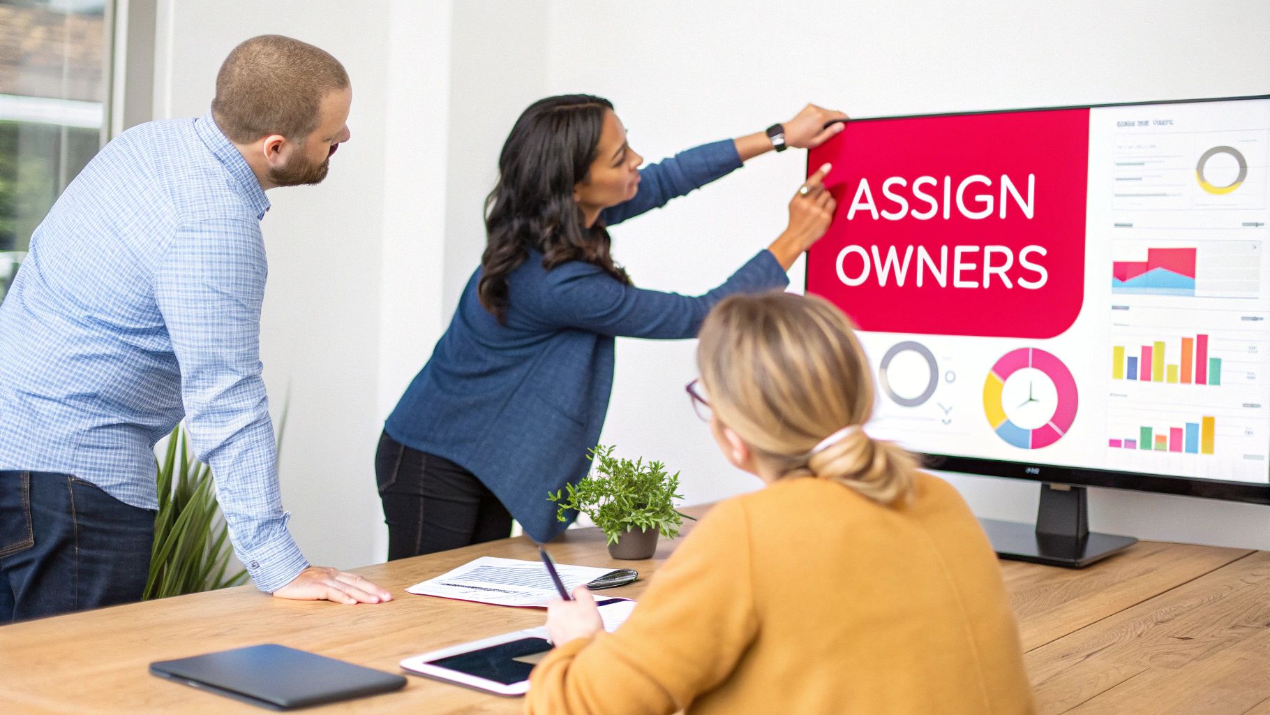 Business team assigning project owners during meeting with presentation display showing data charts