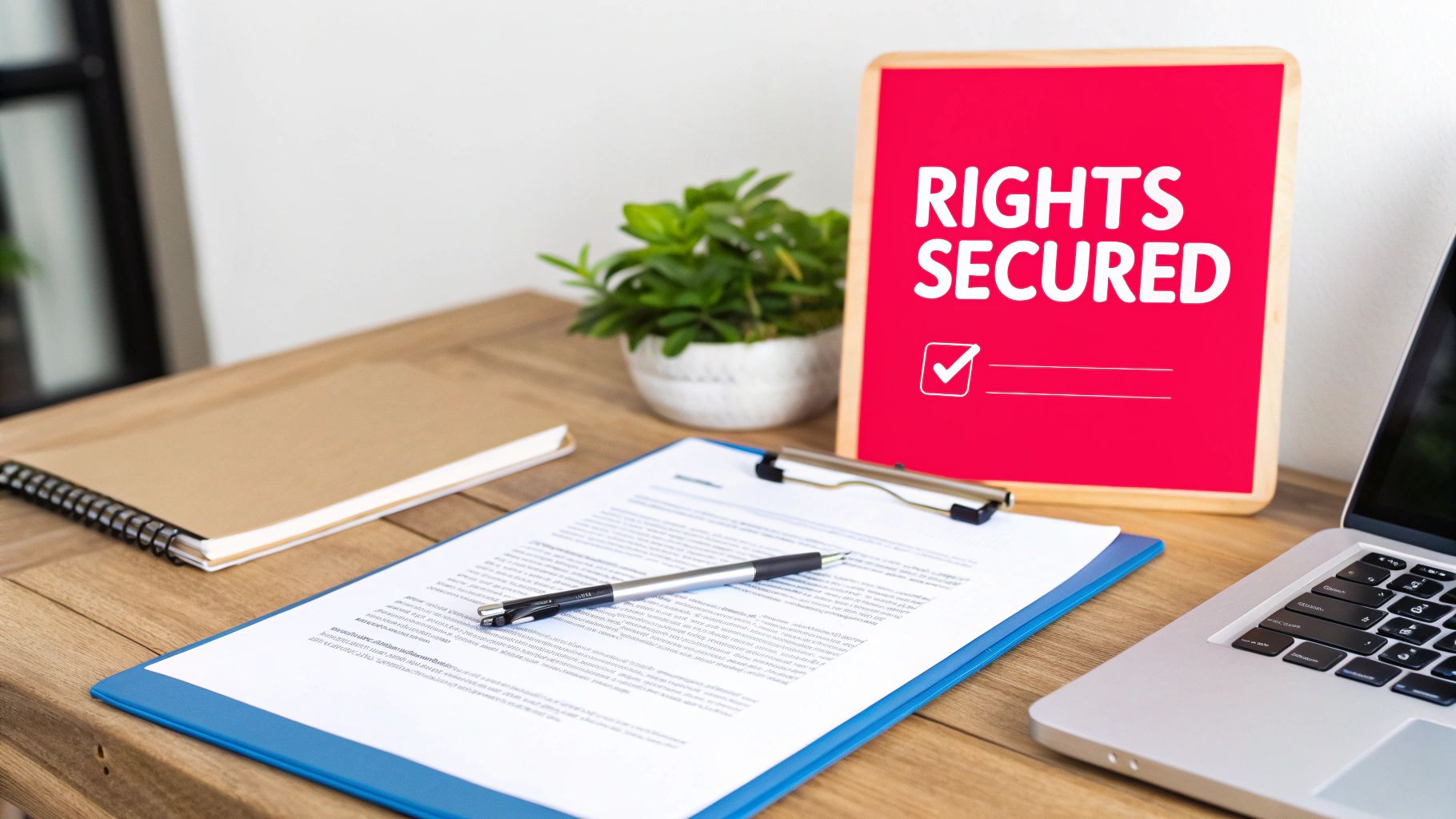 A document on a clipboard, a pen, a laptop, and a 'RIGHTS SECURED' sign on a wooden desk.