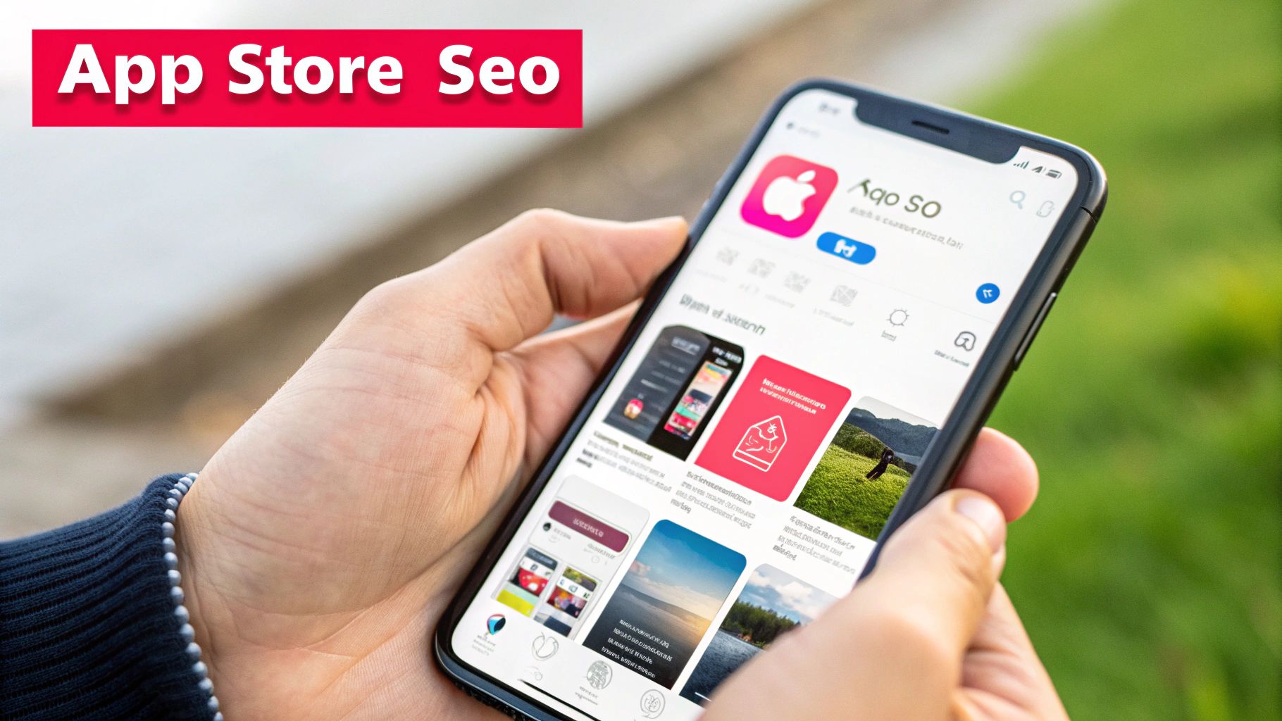 A person holds a smartphone displaying an App Store interface, with a red banner highlighting 'App Store SEO'.