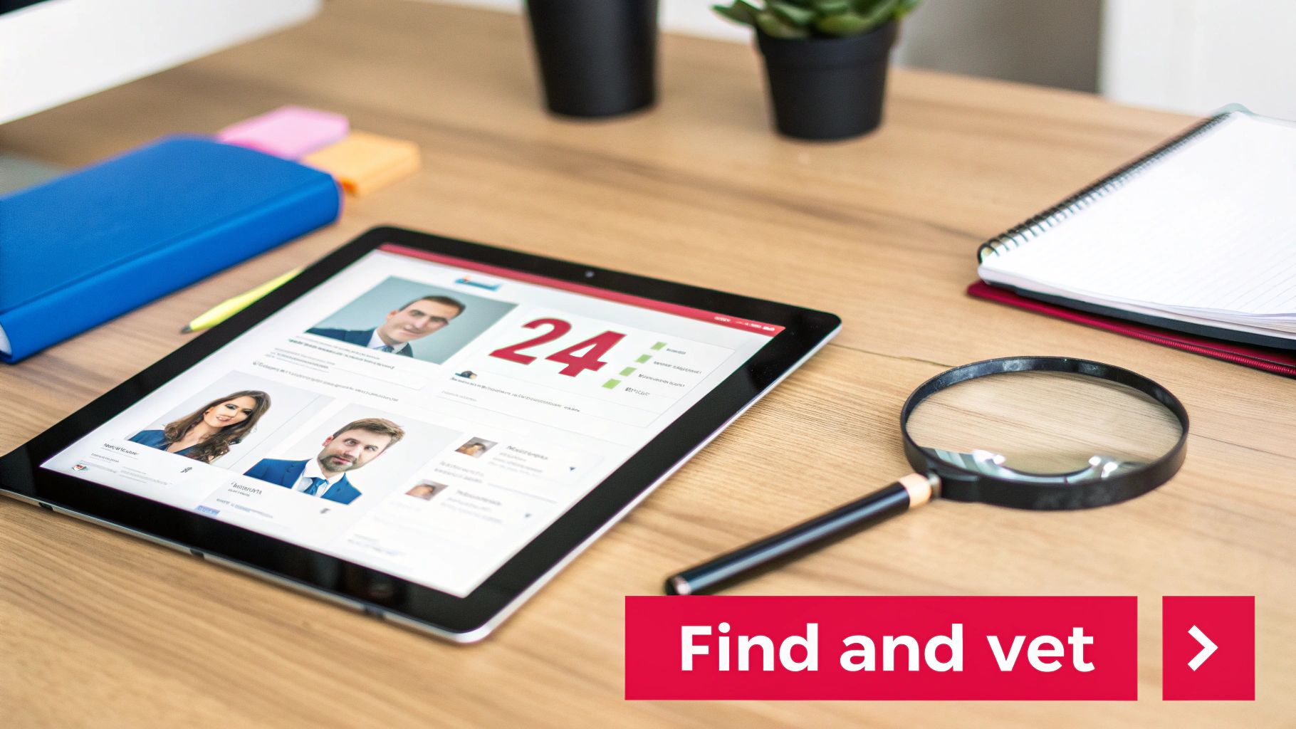 A tablet on a wooden desk displays candidate profiles, a '24' count, and a magnifying glass, suggesting a hiring process.
