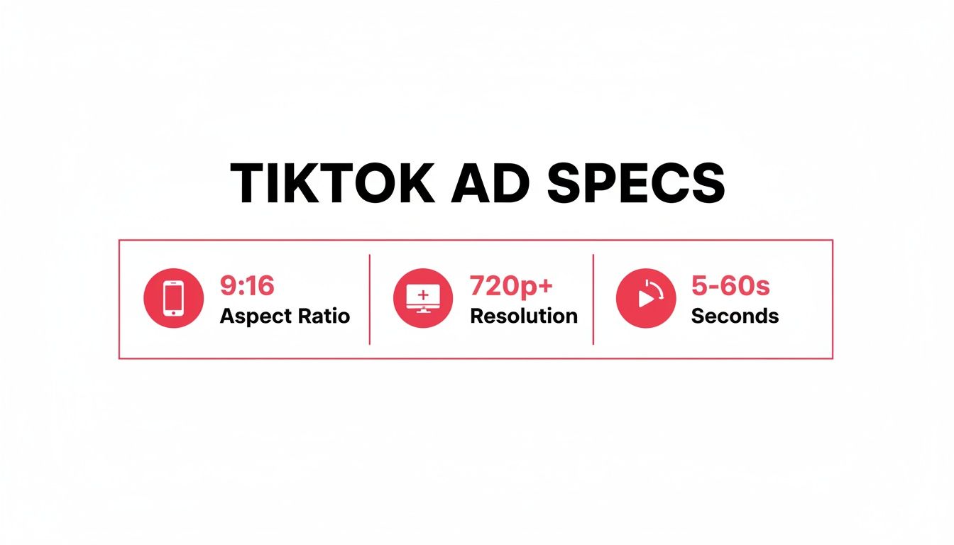 Image displaying TikTok ad specifications: 9:16 aspect ratio, 720p+ resolution, and 5-60 second duration.
