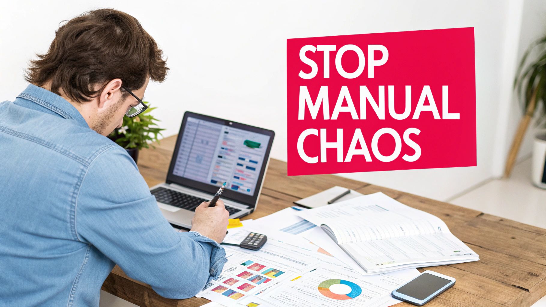 Man working on a laptop with documents, a red sign 'STOP MANUAL CHAOS' on the wall.