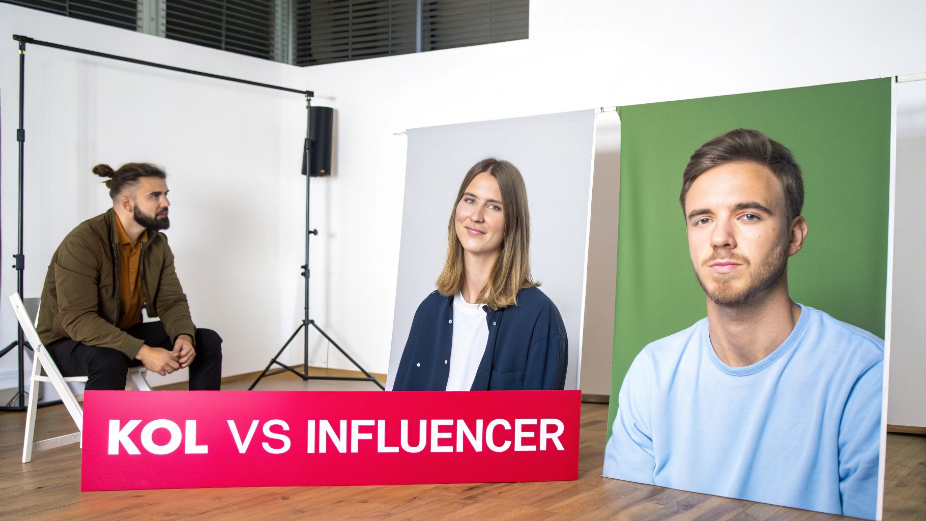 A man sits near cutouts of a woman and another man, with a 'KOL VS INFLUENCER' sign.