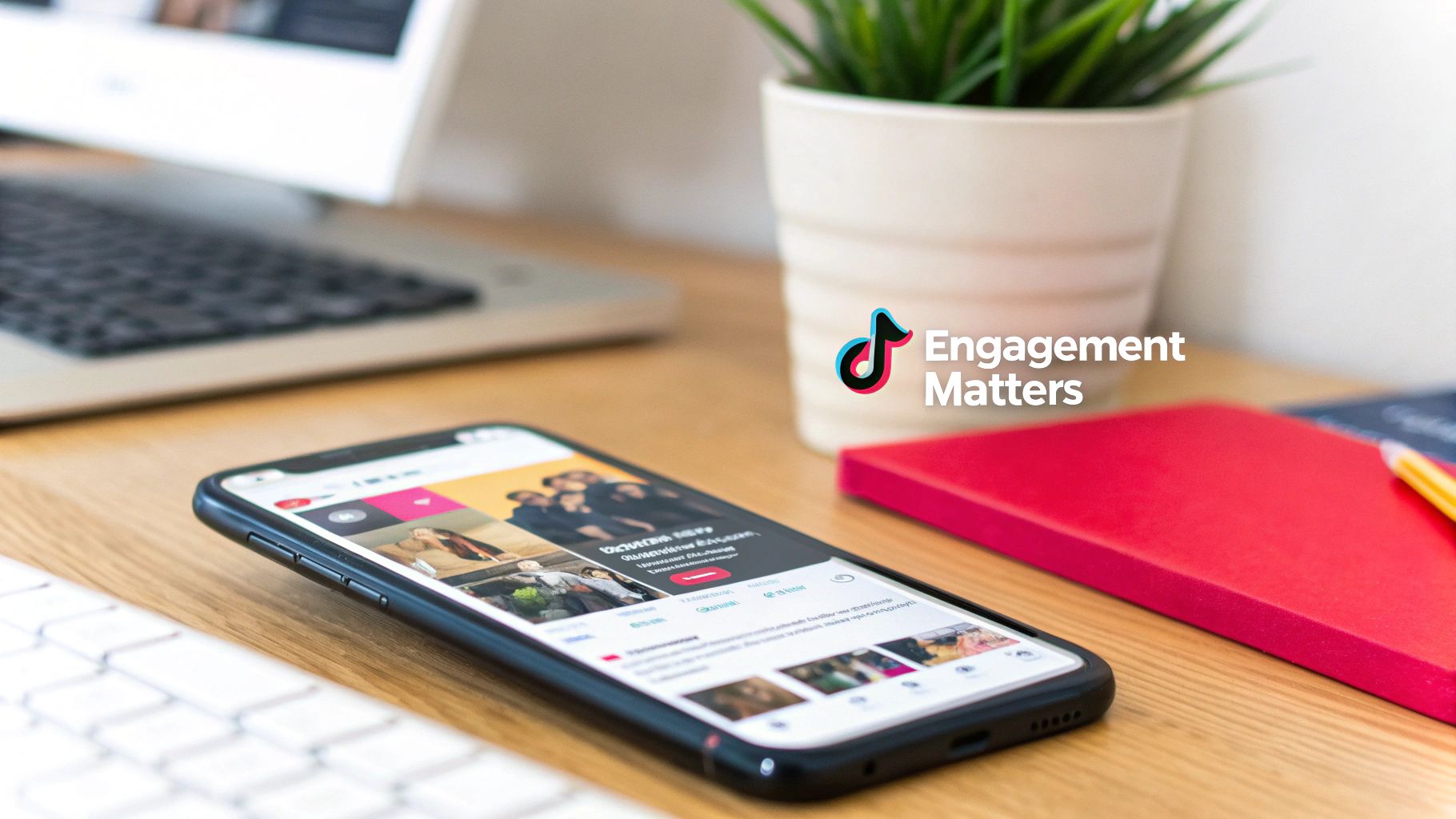 Smartphone on a desk displaying social media content, with a laptop, plant, and 'TikTok Engagement Matters' logo.