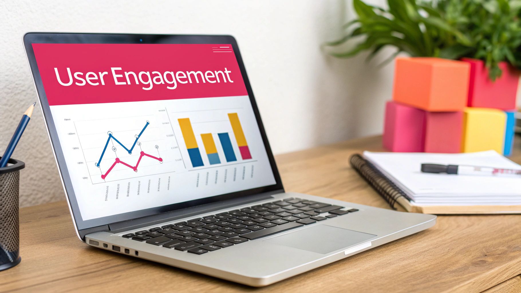 A person analyzing engagement metrics on a digital dashboard with graphs and charts.