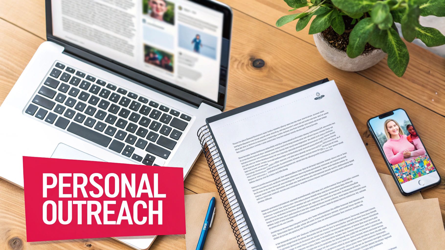A desk workspace with a laptop, smartphone, notebook, and a 'PERSONAL OUTREACH' banner, suggesting communication.