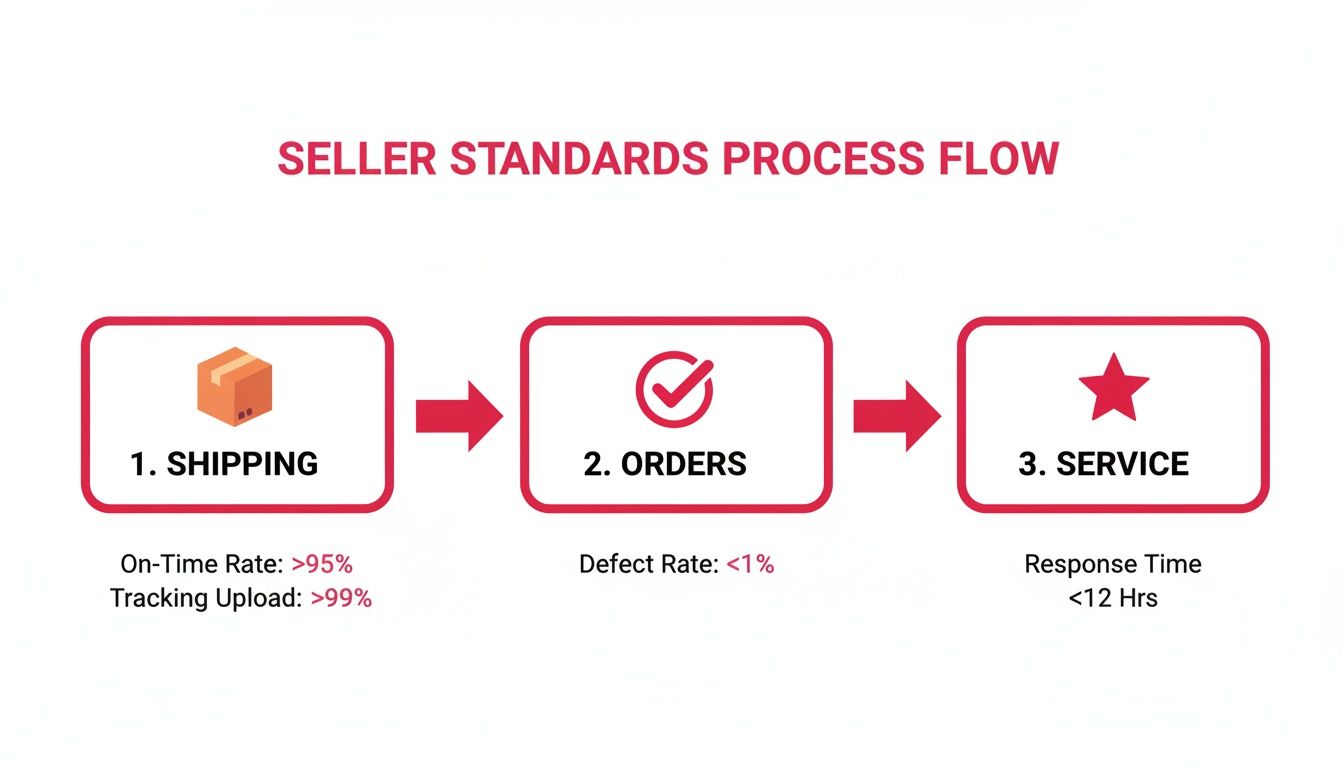 A process flow diagram illustrating seller standards and performance metrics for shipping, orders, and service.