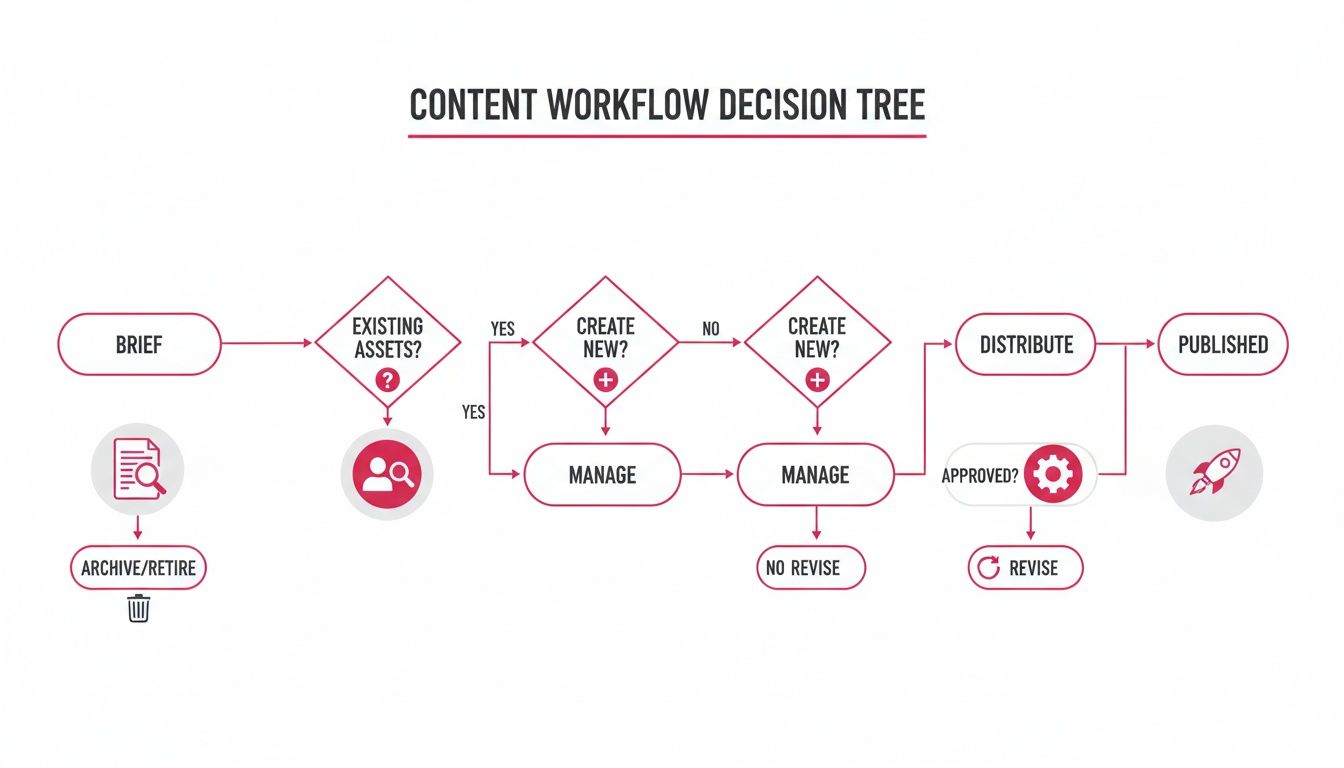 Flowchart showing a content workflow decision tree, including brief, asset check, creation, management, distribution, and publishing.