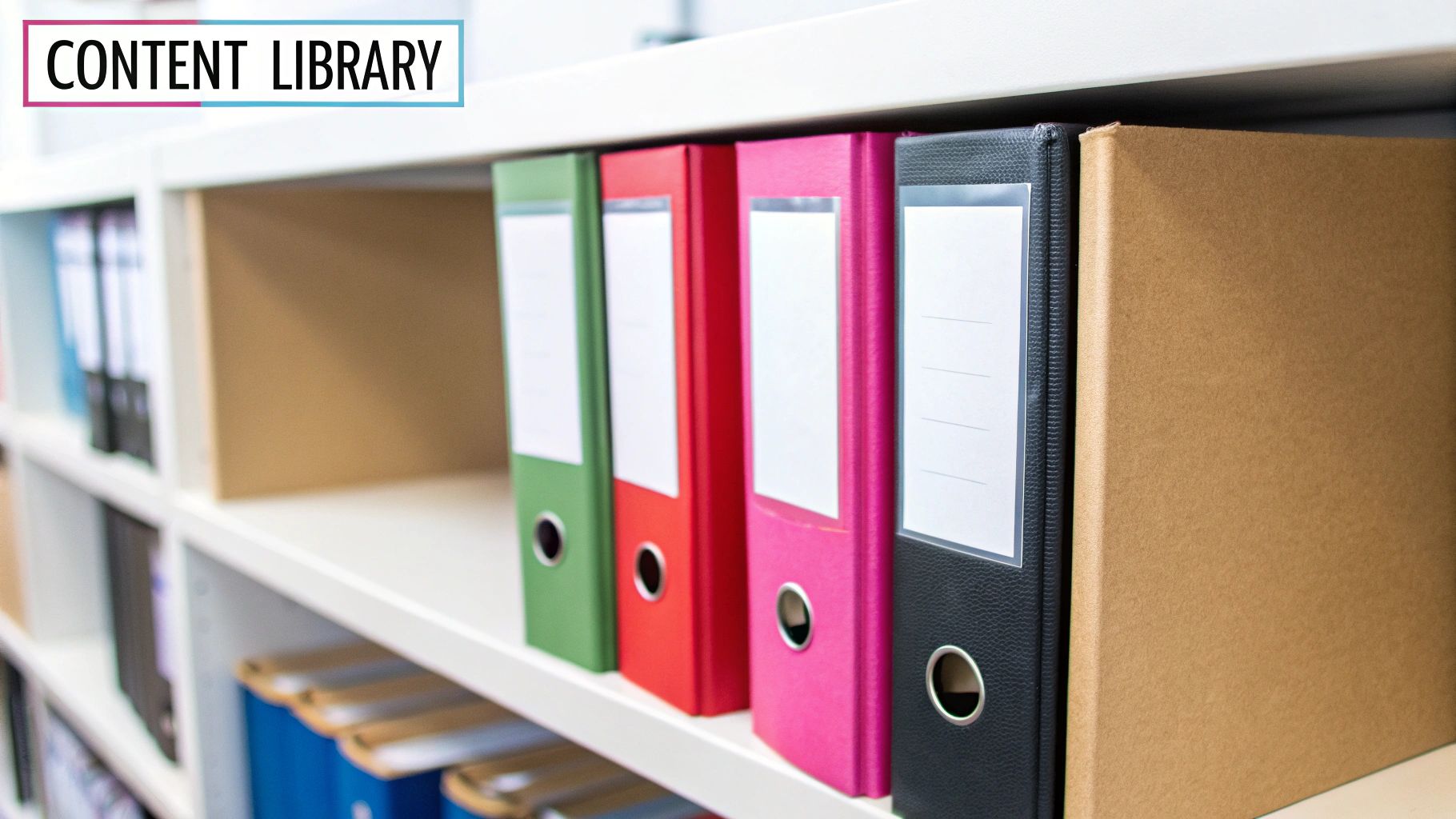 A white bookshelf filled with various colorful ring binders and a brown box file, labeled 'CONTENT LIBRARY'.