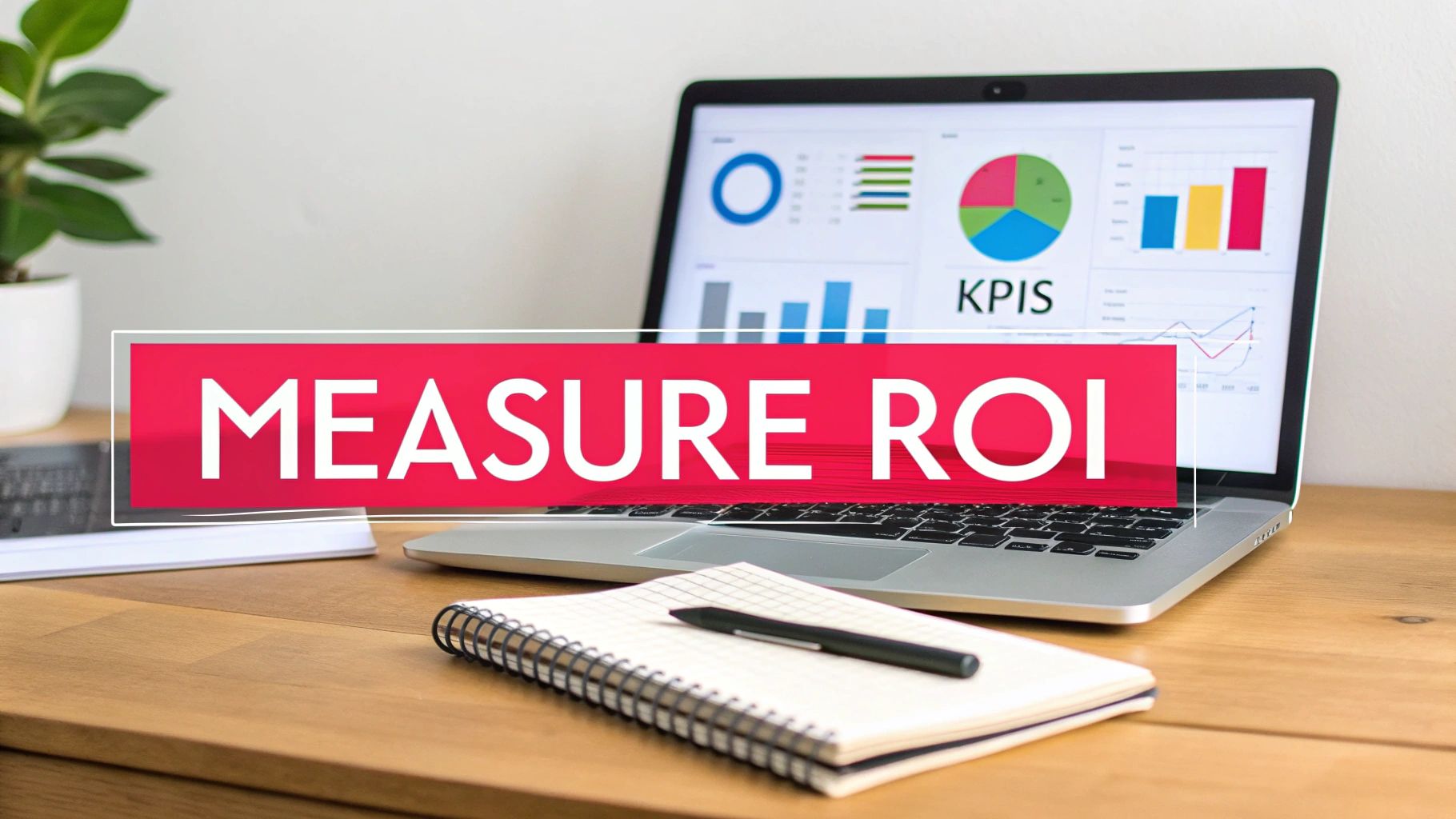 Laptop displaying KPI data and graphs on a desk, with a red banner stating 'MEASURE ROI'.