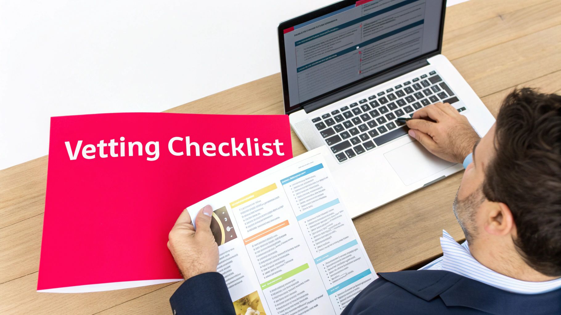 A person at a desk carefully reviewing a content creator's social media profile on a laptop, with a checklist and coffee nearby.