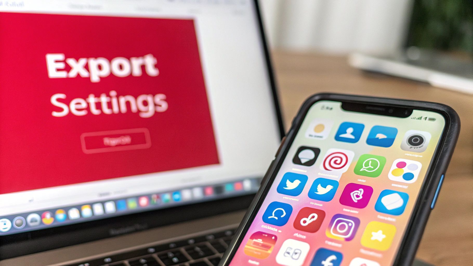 Close-up of a laptop screen displaying 'Export Settings' next to a smartphone with numerous app icons.