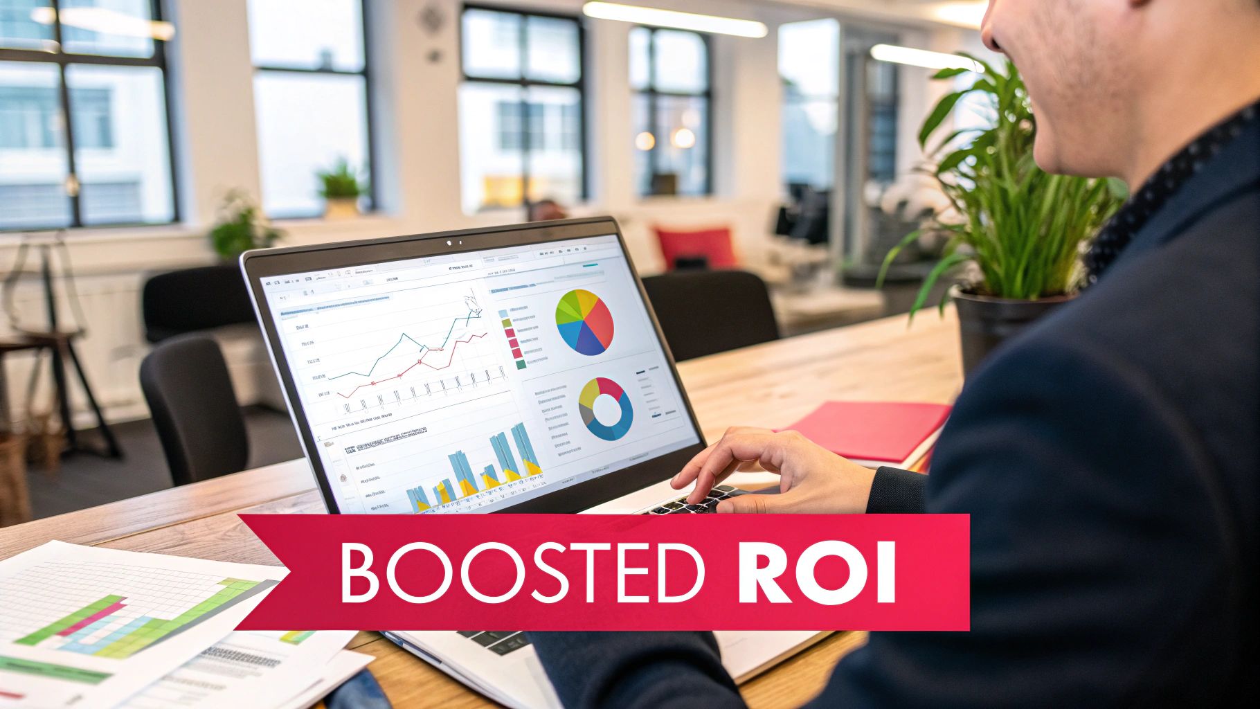 A chart showing upward-trending arrows and graphs, symbolizing business growth