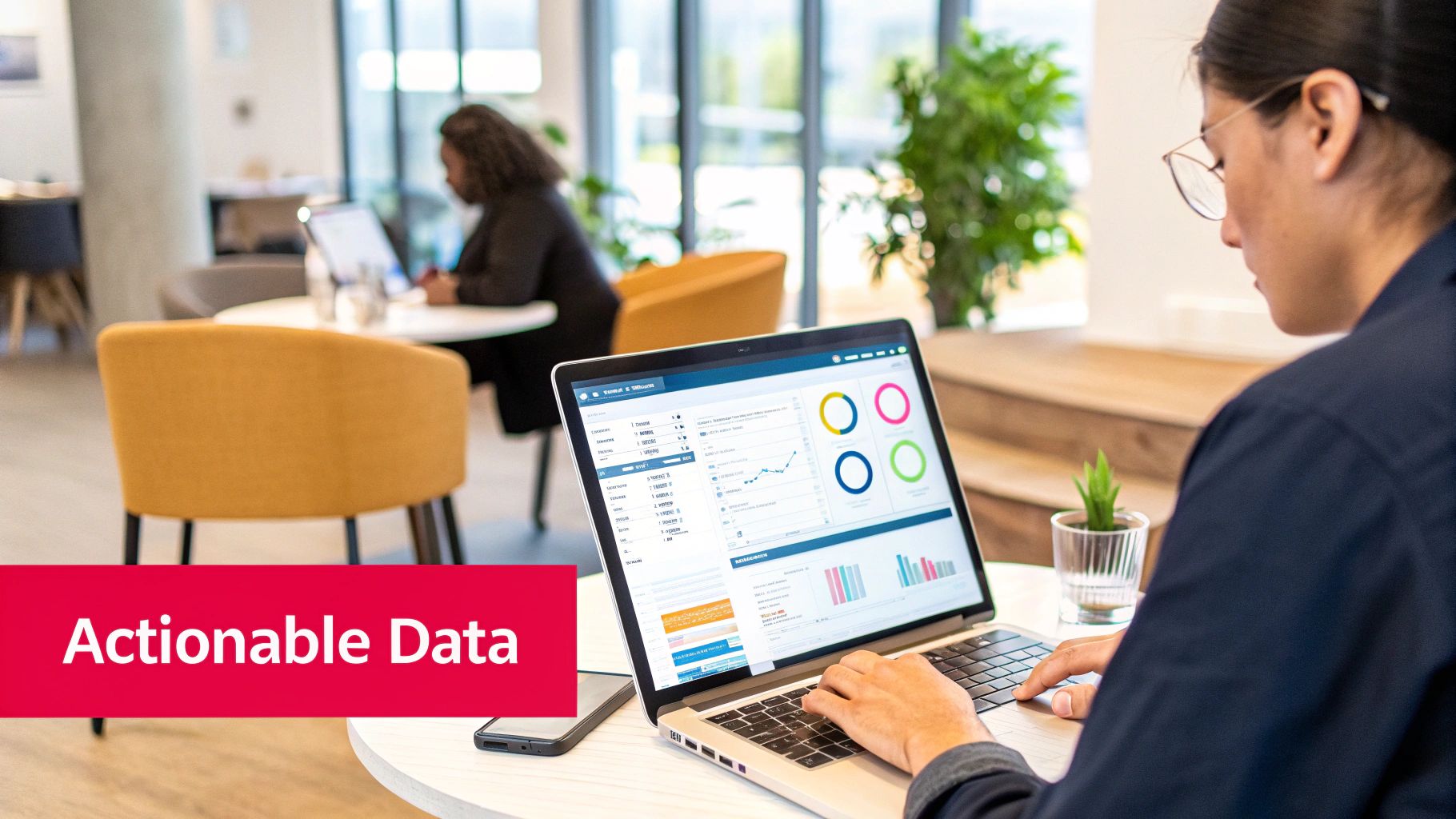 A digital dashboard displays various social media analytics and audience data graphs