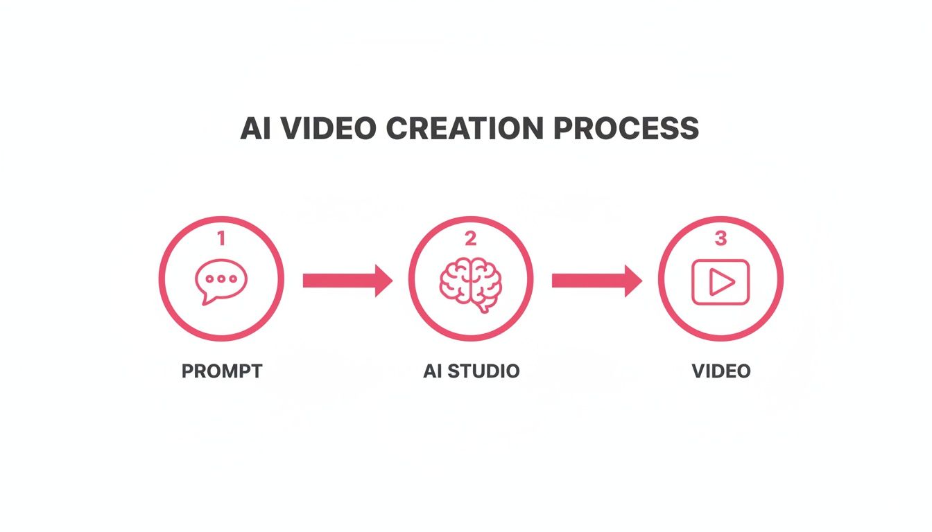 Infographic showing the AI video creation process from prompt to AI studio to final video.