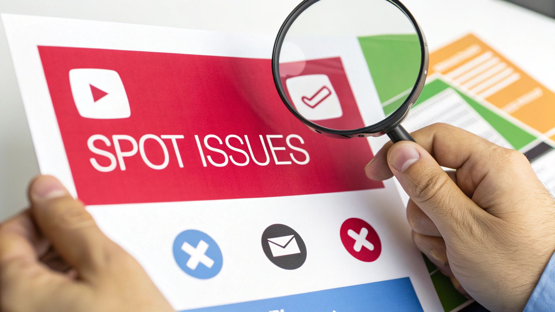 Person uses magnifying glass to 'Spot Issues' on a document with YouTube and alert icons.