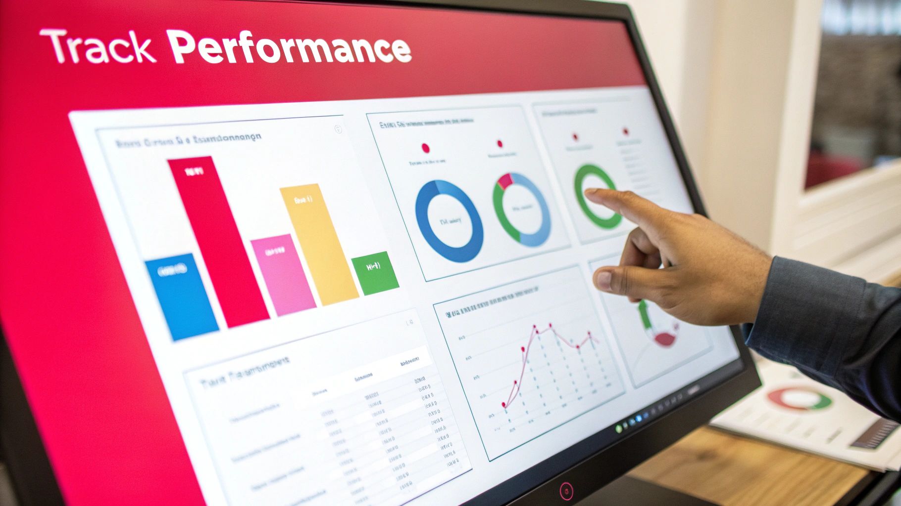Hand interacting with a large monitor displaying diverse performance tracking charts and business data.