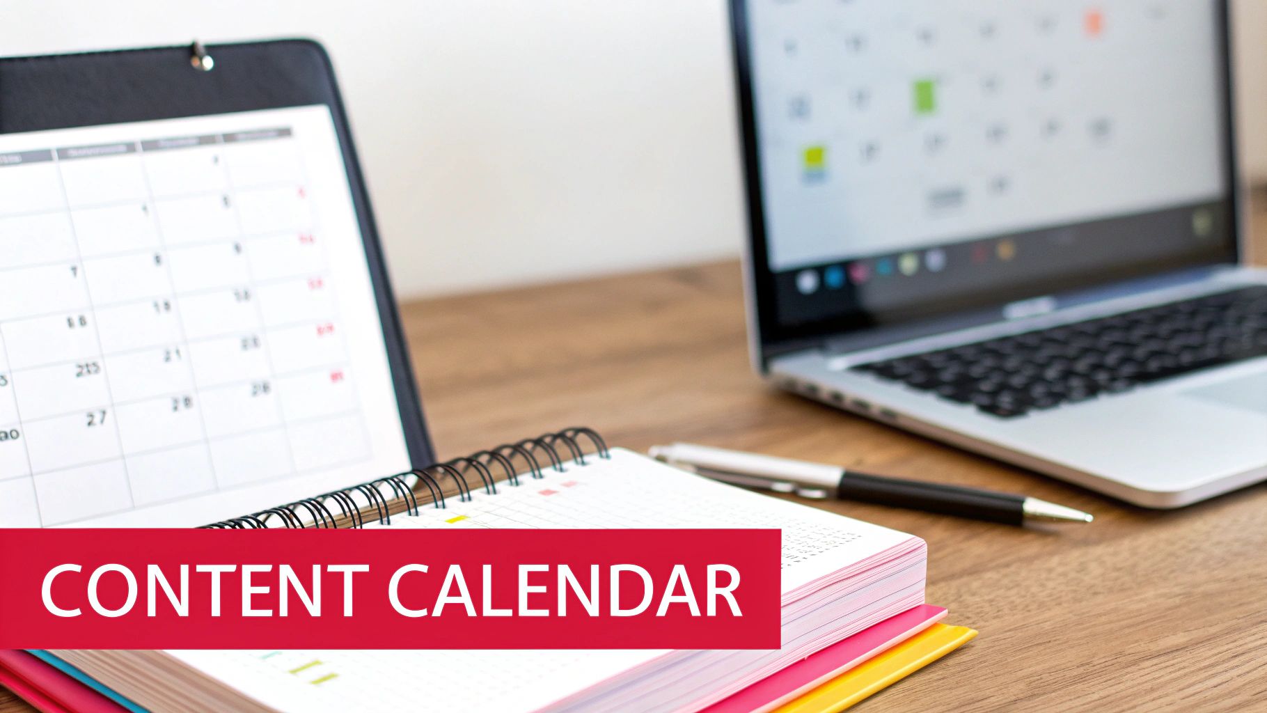 Content calendar on a screen, notebook, pen, and laptop for social media planning.
