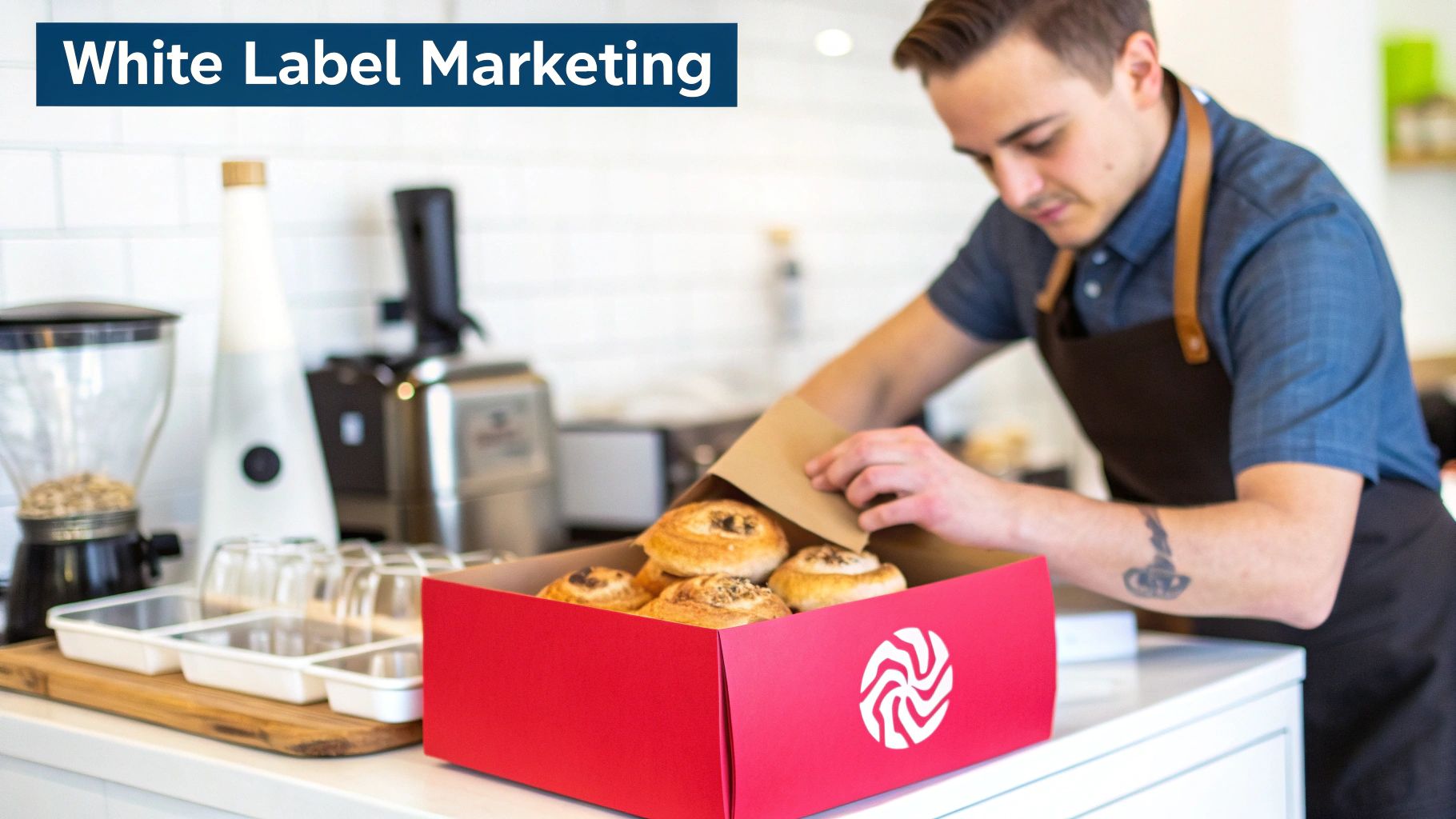 A man in an apron places freshly baked pastries into a red box with a white logo.