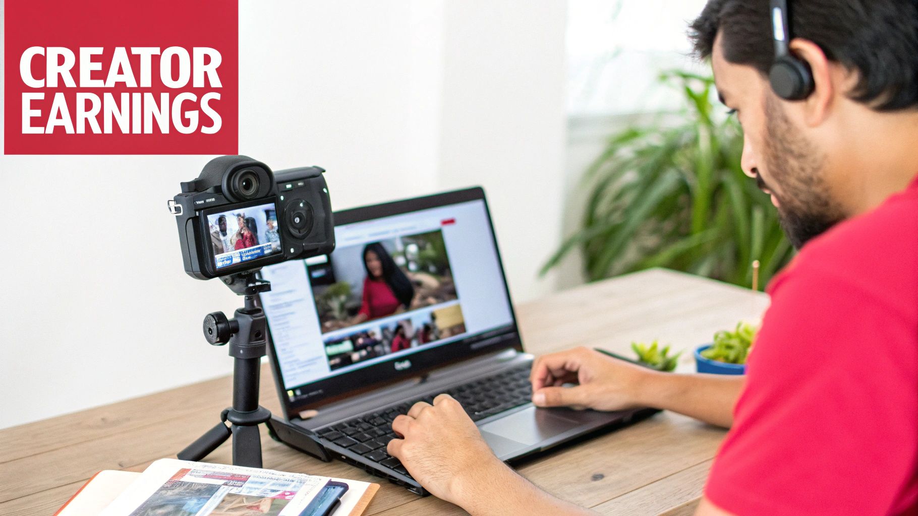A man wearing headphones works on his laptop with a camera setup, displaying 'Creator Earnings' text.