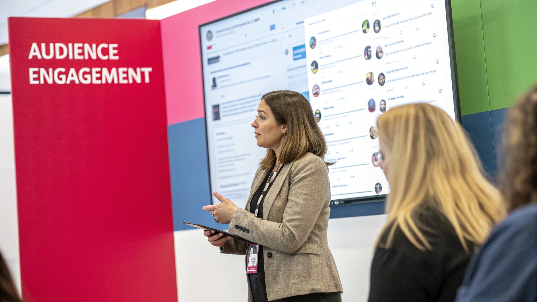 A person holding a phone showing user-generated content photos and videos.