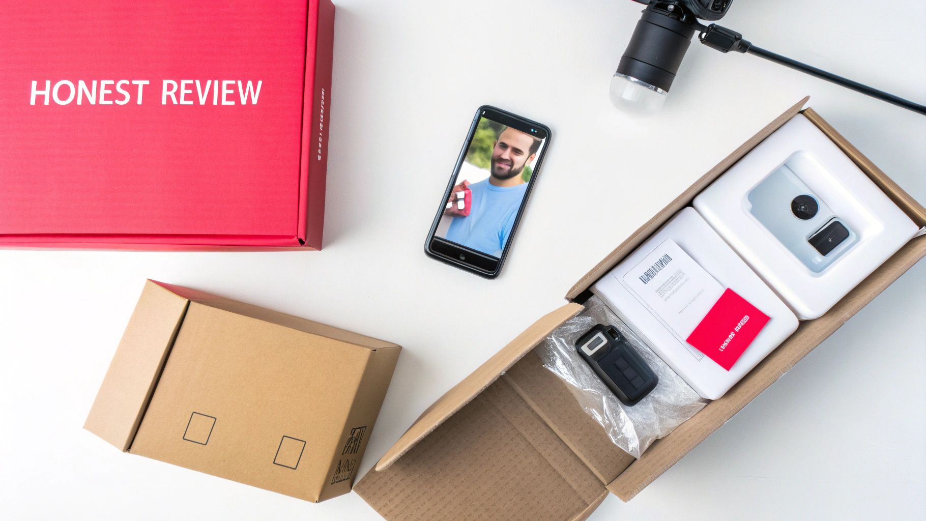 Unboxing product review setup with smartphone showing content creator, cardboard boxes and camera equipment