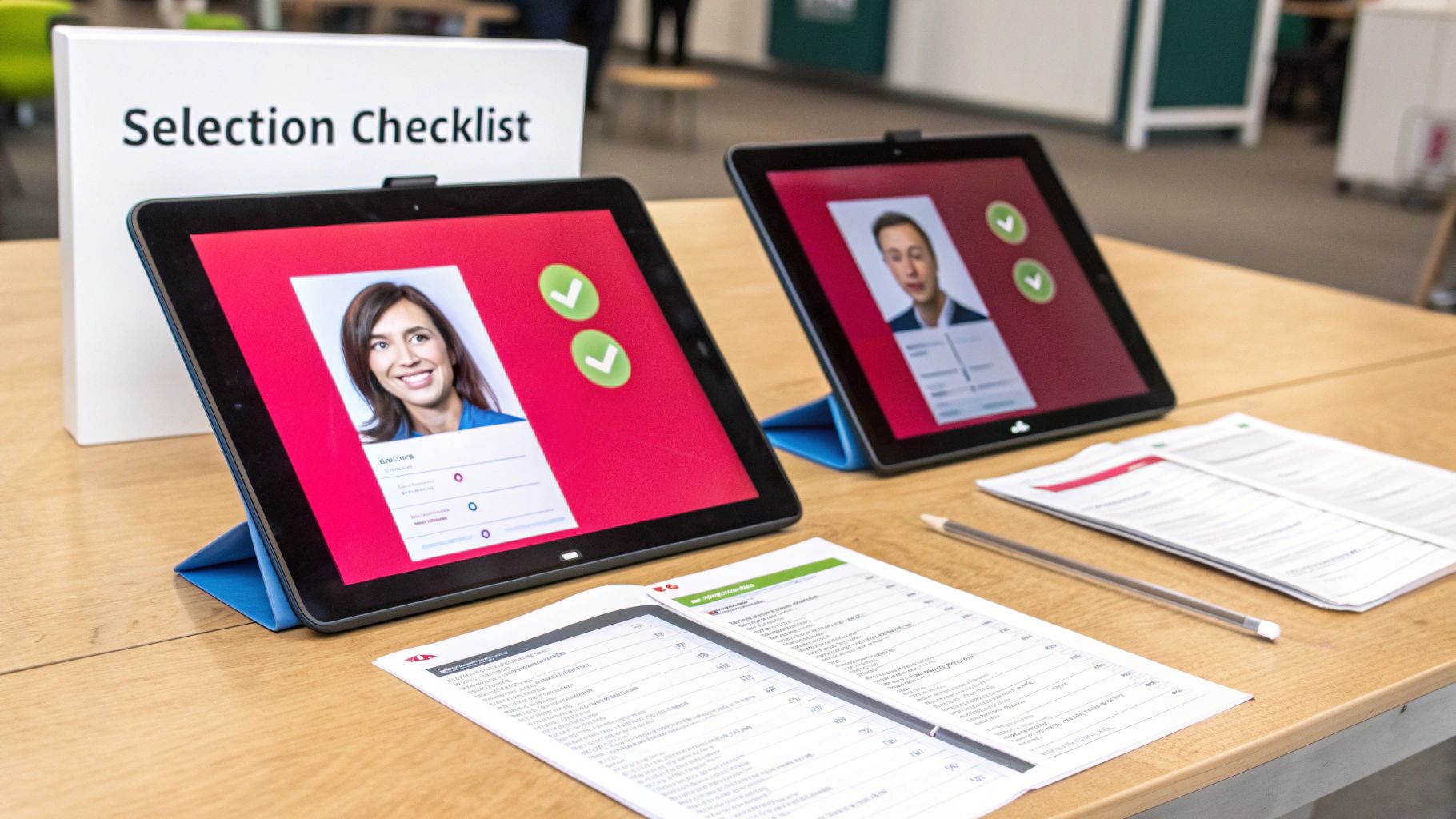 Digital selection process with tablets showing avatars and paper checklists on a wooden desk.