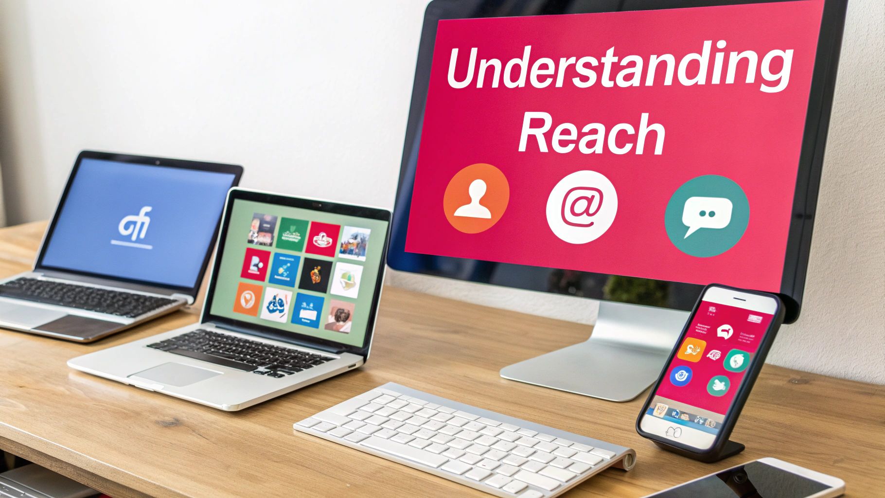 A person holding a phone with social media icons floating around it, representing audience reach.