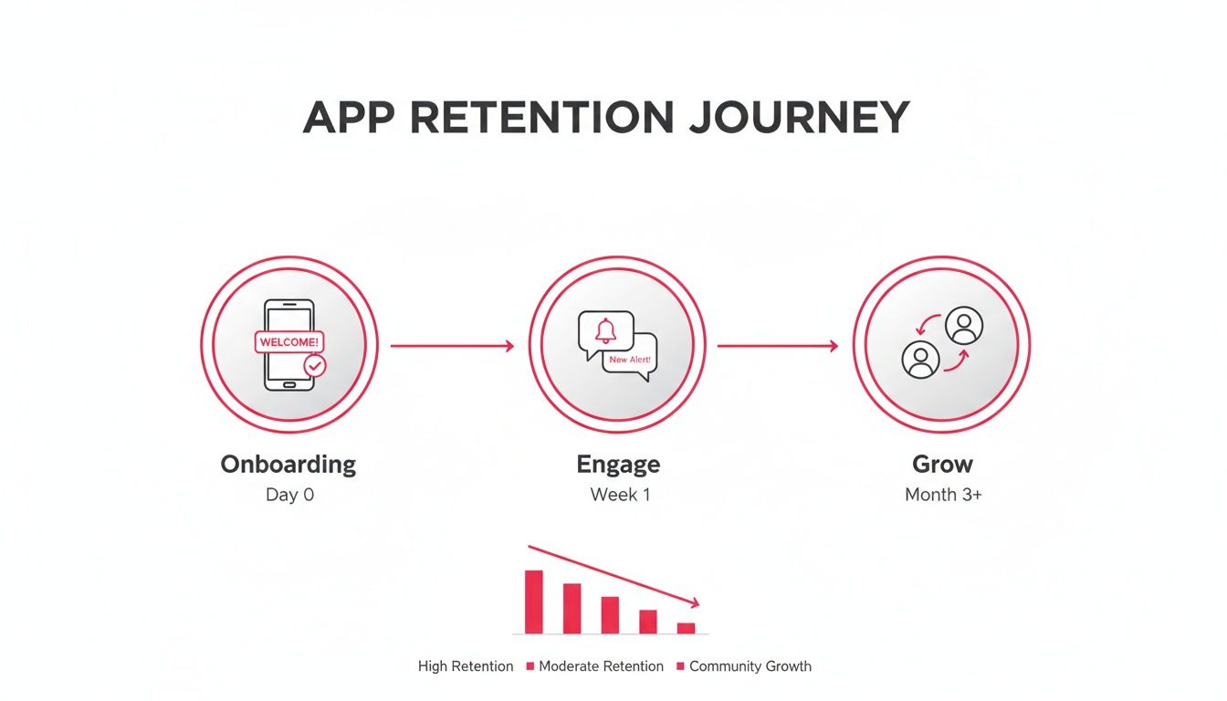 Diagram illustrating the app retention journey with phases: Onboarding, Engage, and Grow, alongside a retention decline chart.