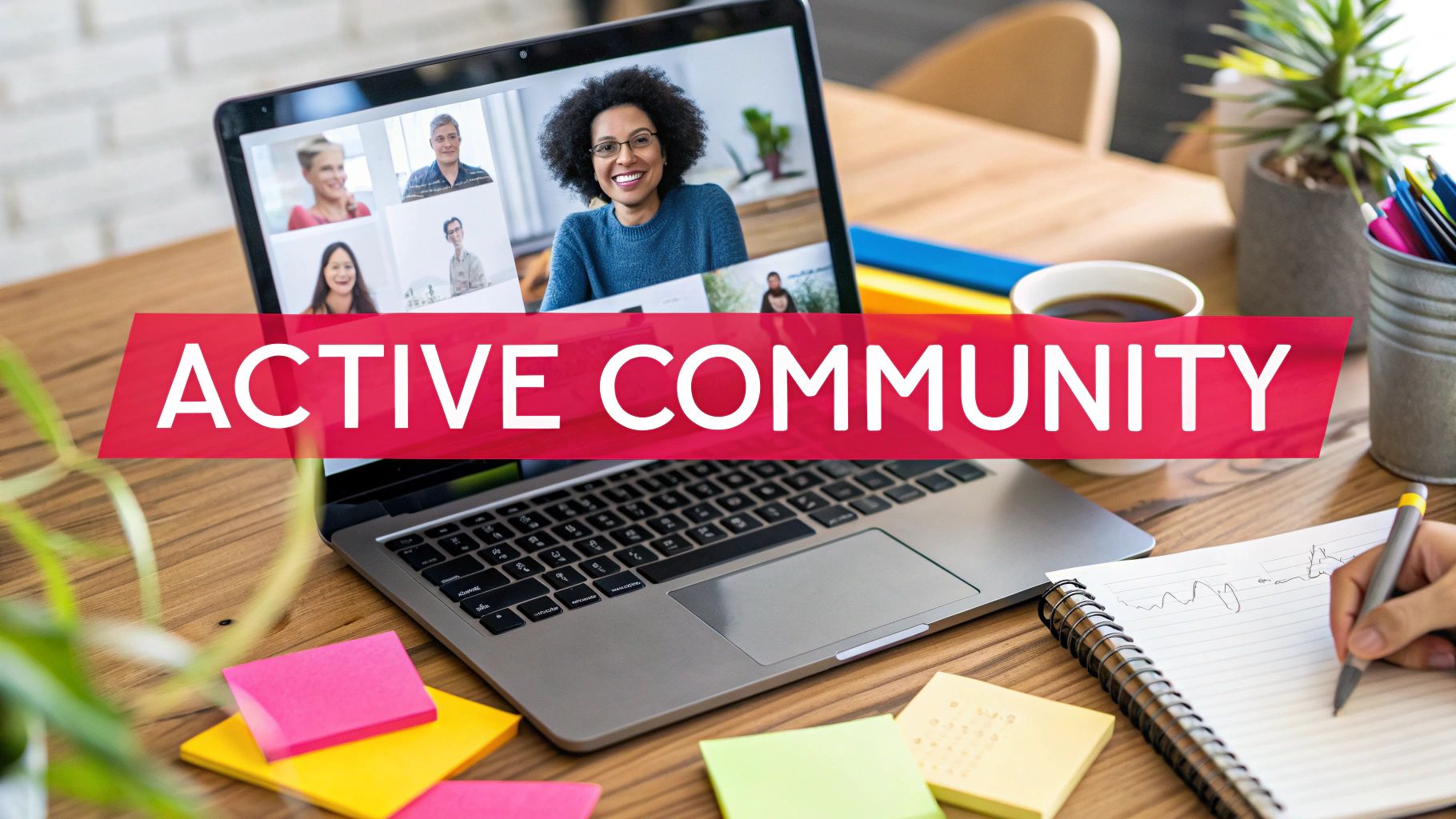 A person joins an 'ACTIVE COMMUNITY' video conference on a laptop, taking notes at a busy desk.