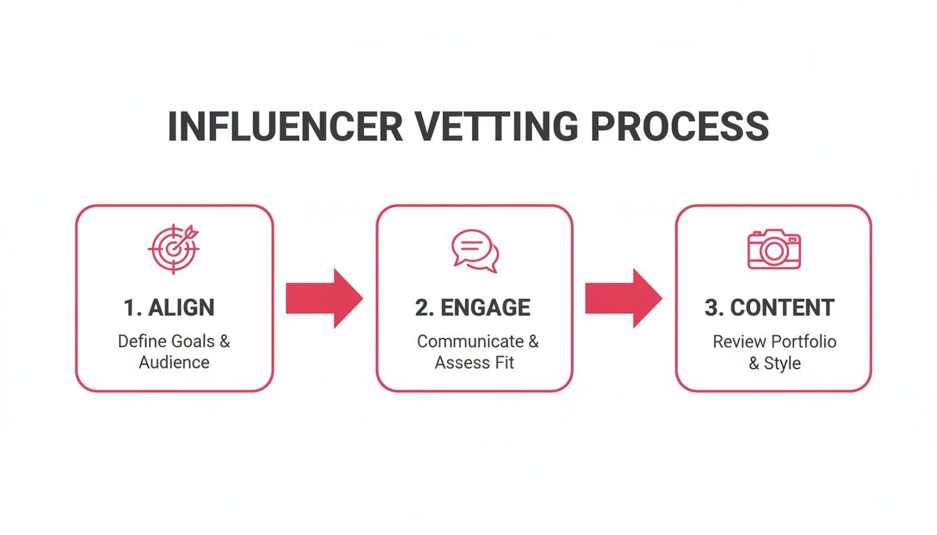 An influencer vetting process with three steps: align, engage, and content review.